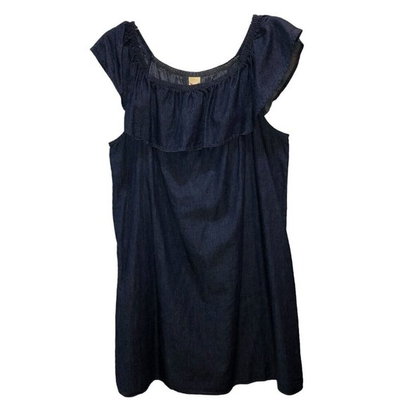 Faded Glory Womens XXL Blue Chambray Off the Shoulder Ruffle Denim Jean Dress - Picture 2 of 9